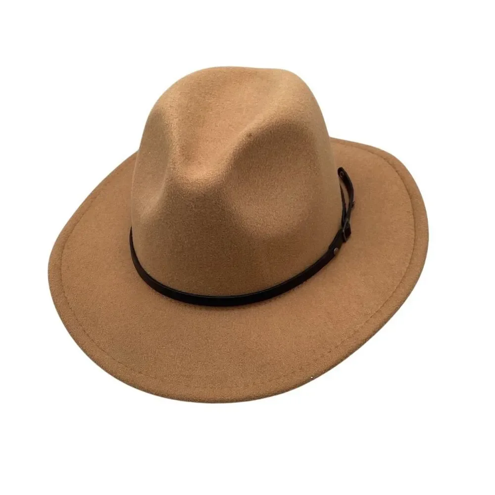 Unisex Brown‎ Wool Felt Fedora Hat with Leather Band